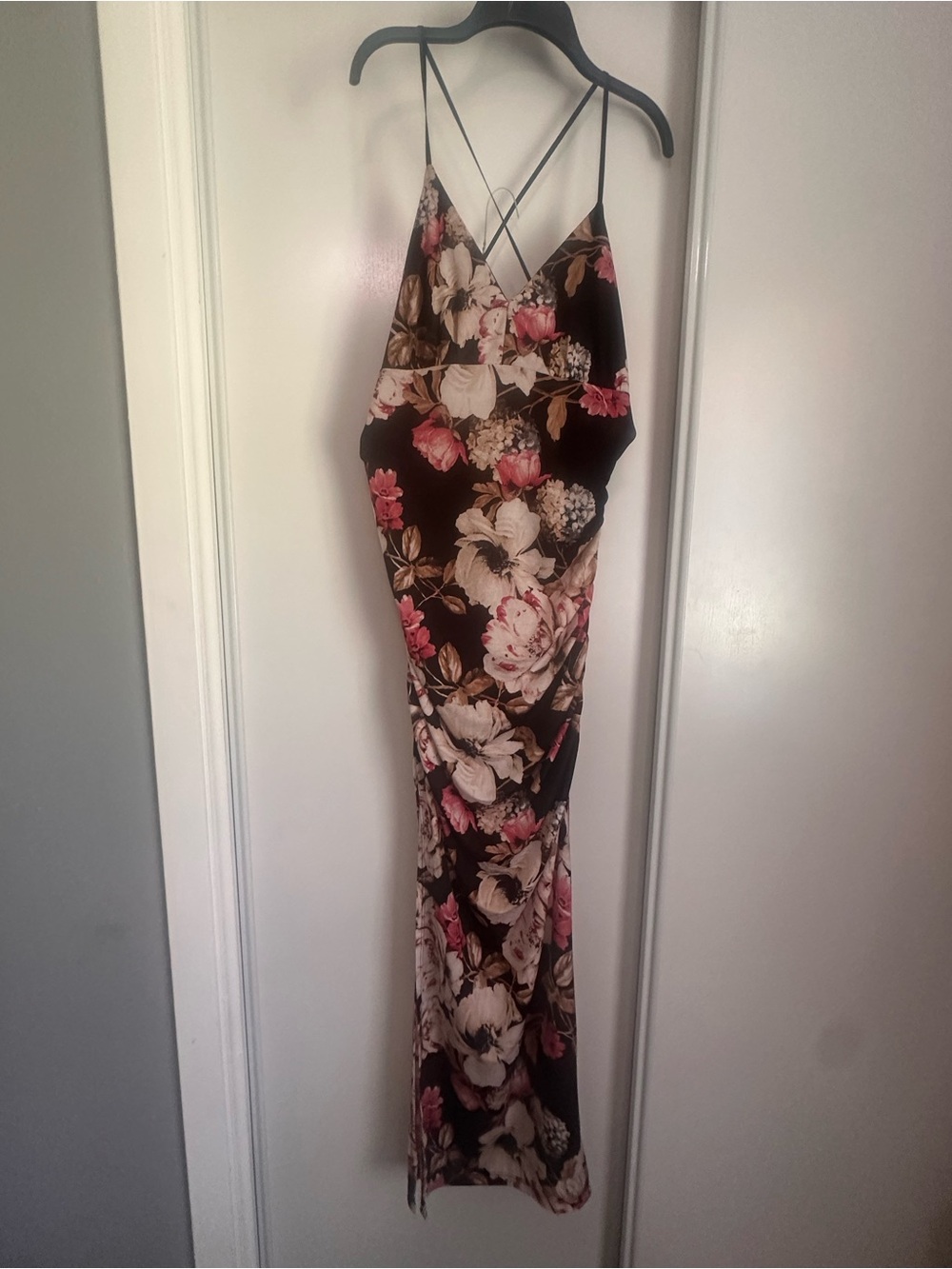 Black Floral Slip Maxi Dress with Pink Accents
